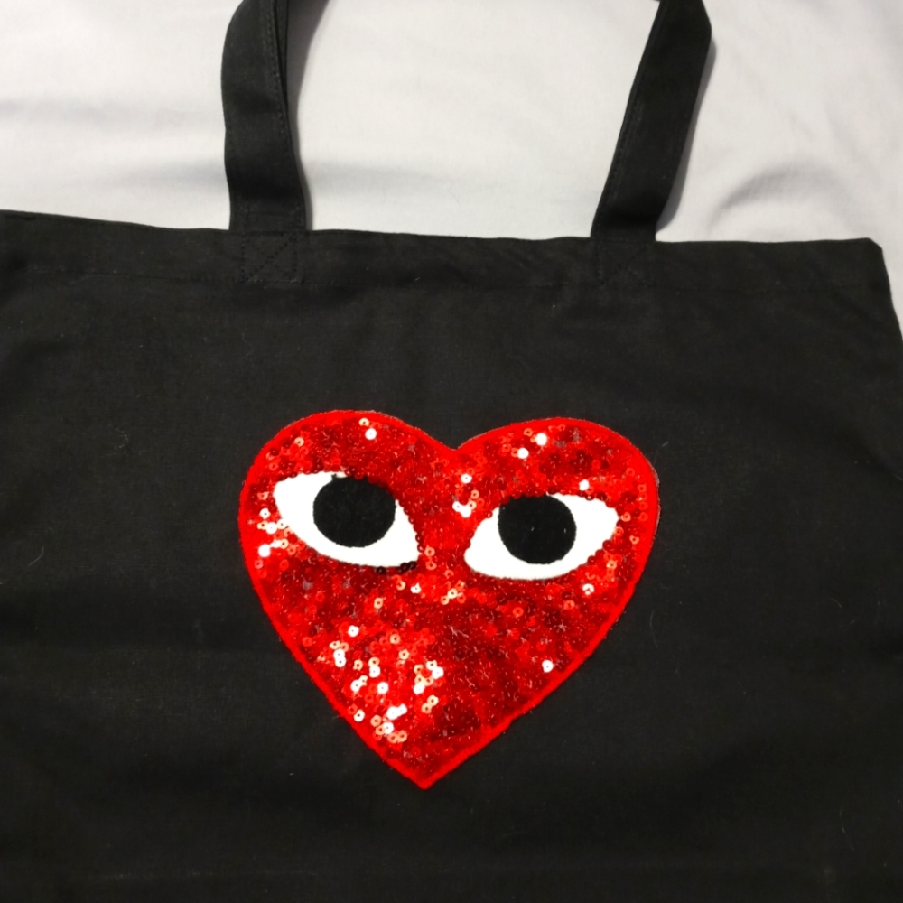 Red Sequin Heart Black Canvas Tote
